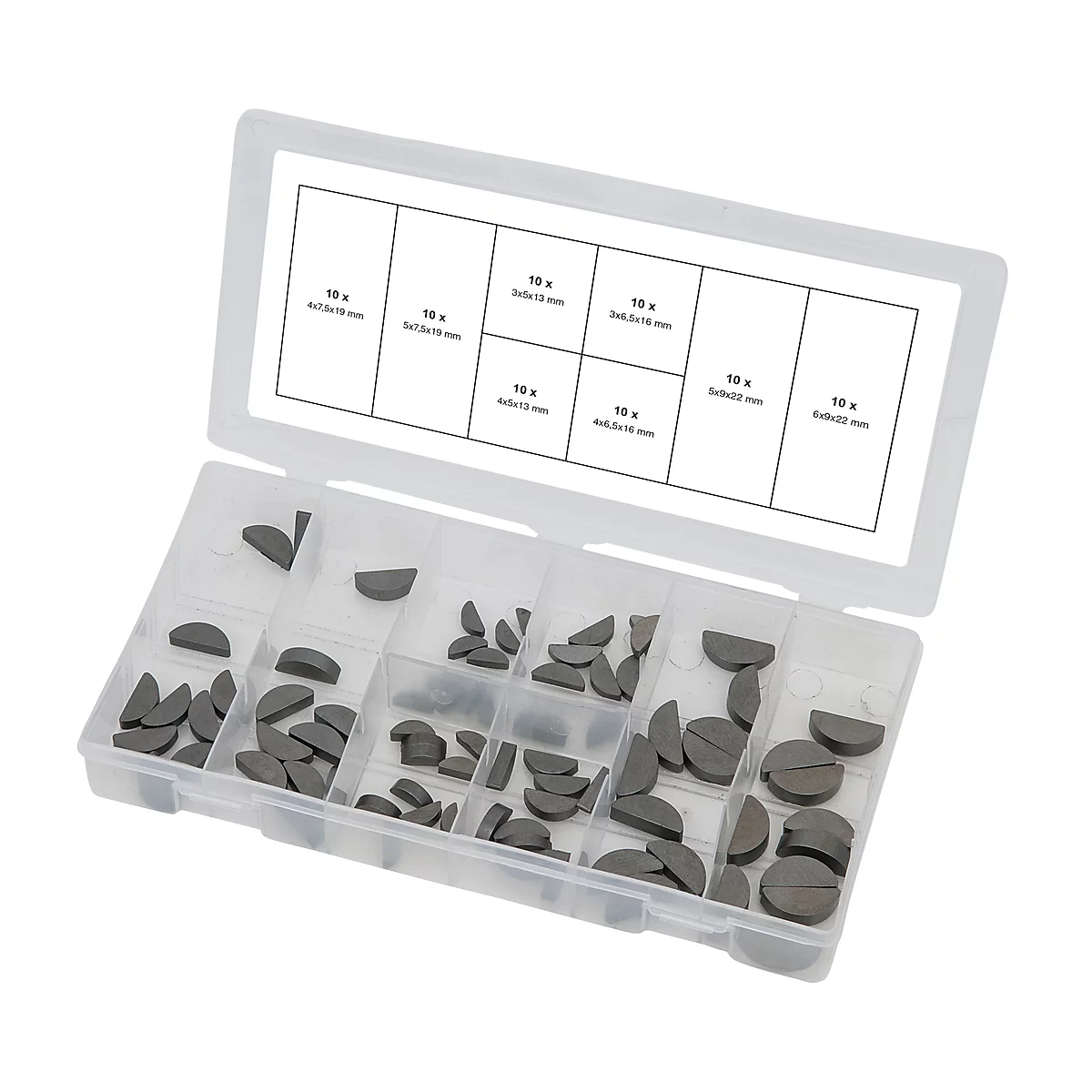 Sortiment an Halbmondkeilen in Kunststoffbox mit Größenangaben.